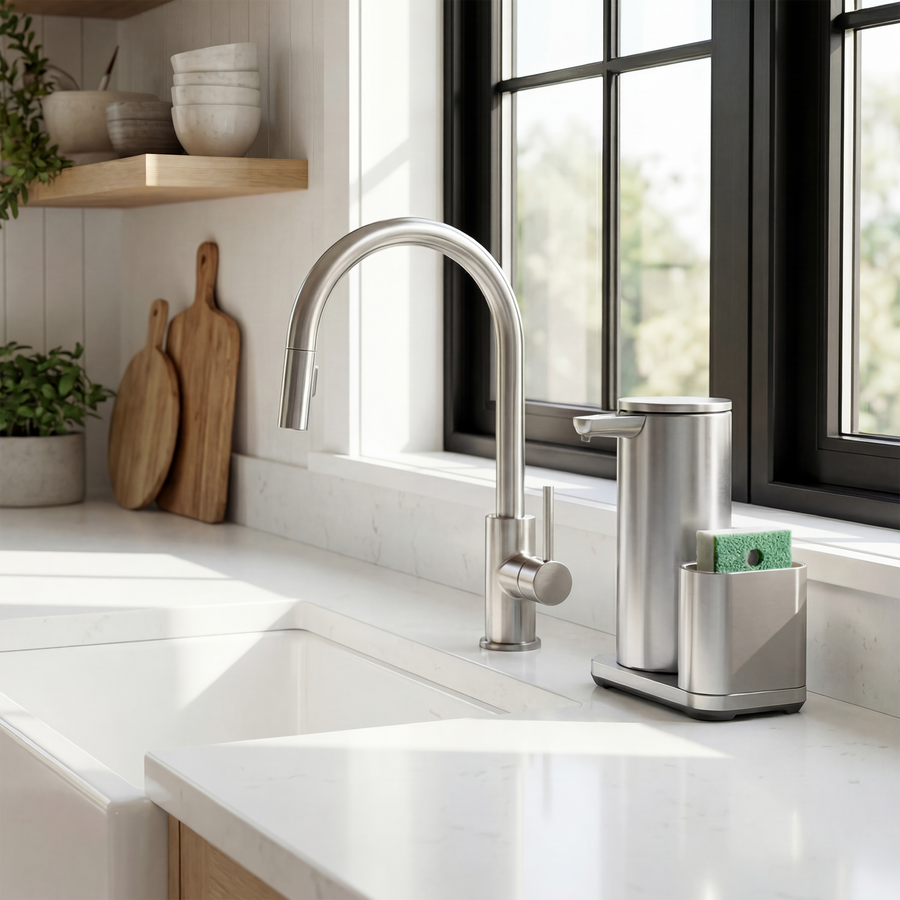 Simplehuman's 14 oz. Sensor Pump with Caddy in Brushed on a clean, bright kitchen countertop setting.