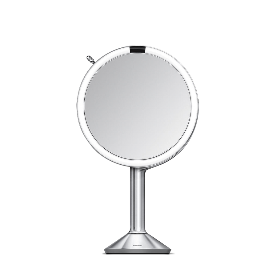 Studio view of Simplehuman Sensor Mirror Trio in Polished Stainless Steel, touch-free and illuminated with multiple magnifications.