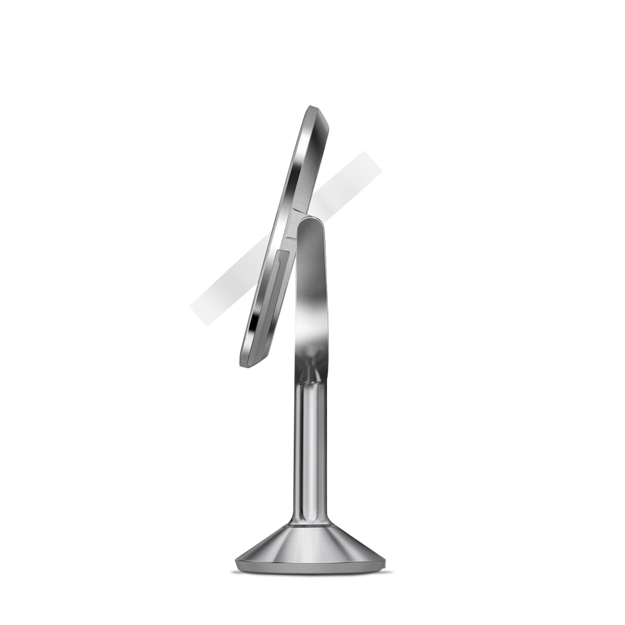 Side view of Simplehuman Sensor Mirror Trio in Polished Stainless Steel, highlighting the adjustable tilt function.