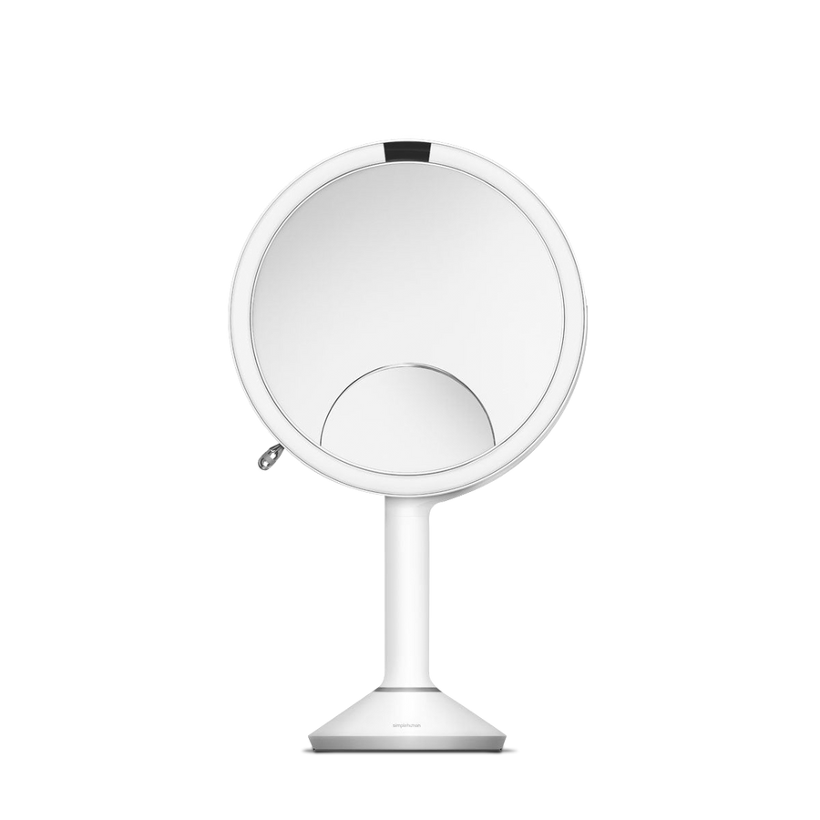 Simplehuman Sensor Mirror Trio in Polished Stainless Steel, front view showing the 1x, 5x, and 10x magnification options.