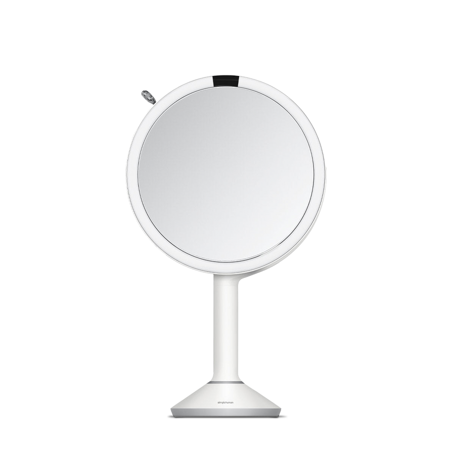 Simplehuman Sensor Mirror Trio in White, touch-free illuminated mirror with three magnification settings.