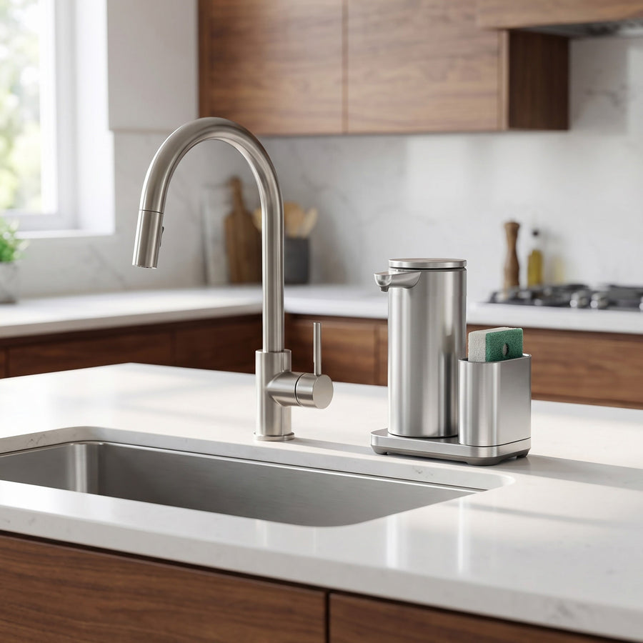 Simplehuman's 14 oz. Liquid Sensor Pump with Caddy in Brushed in a simple, modern kitchen setting.