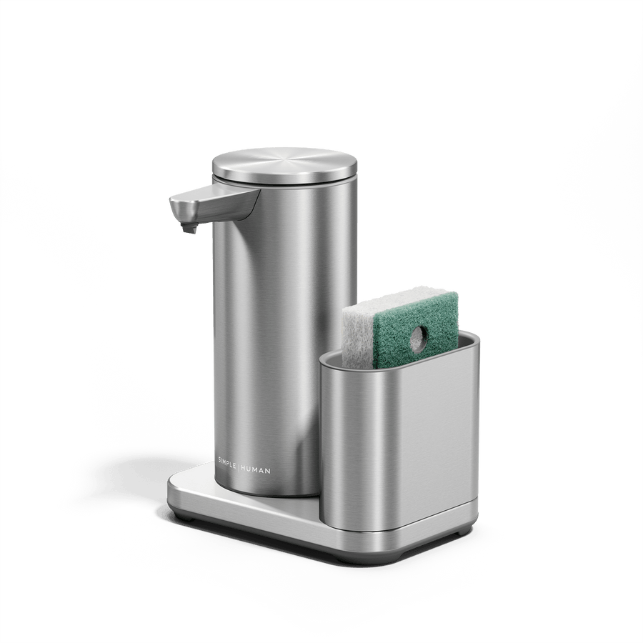 Angled view: Simplehuman 9 oz Sensor Pump with Caddy in Brushed Stainless Steel, hands-free operation.
