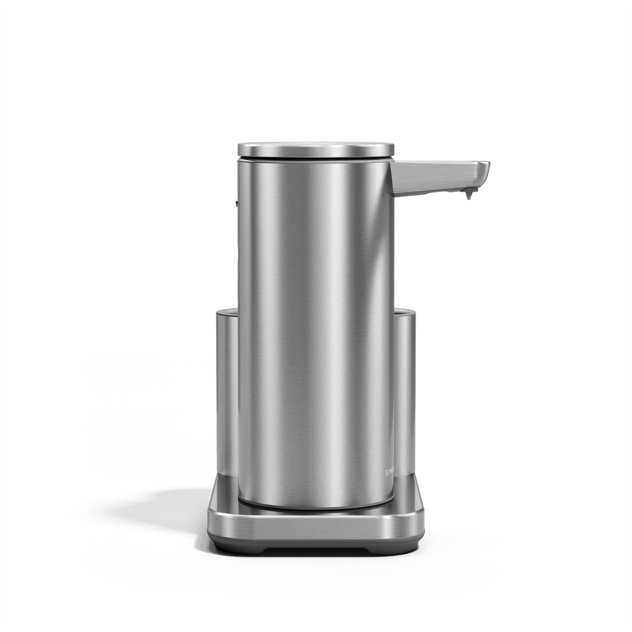 Profile view of Simplehuman 9 oz Sensor Pump with Caddy in Brushed Stainless Steel, touch-free soap dispenser.