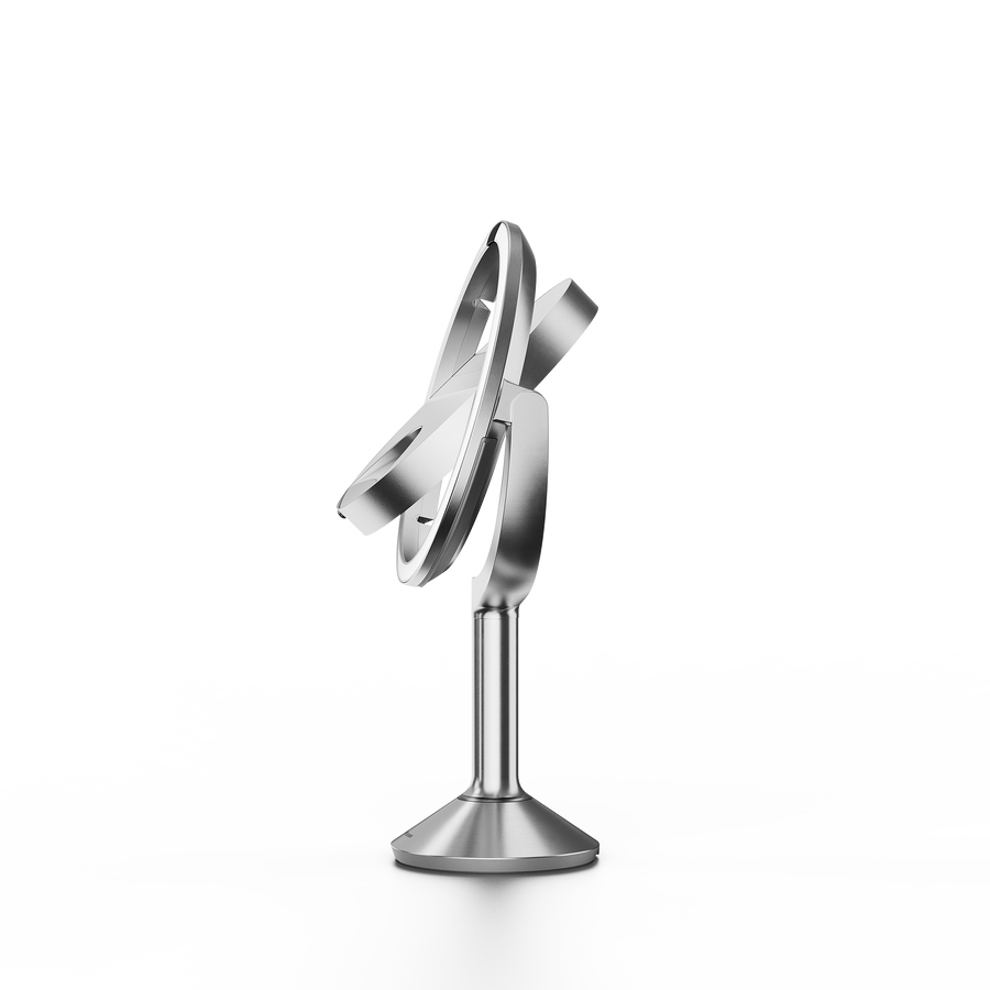 Simplehuman's Sensor Mirror Trio in Brushed, flipping angle. 