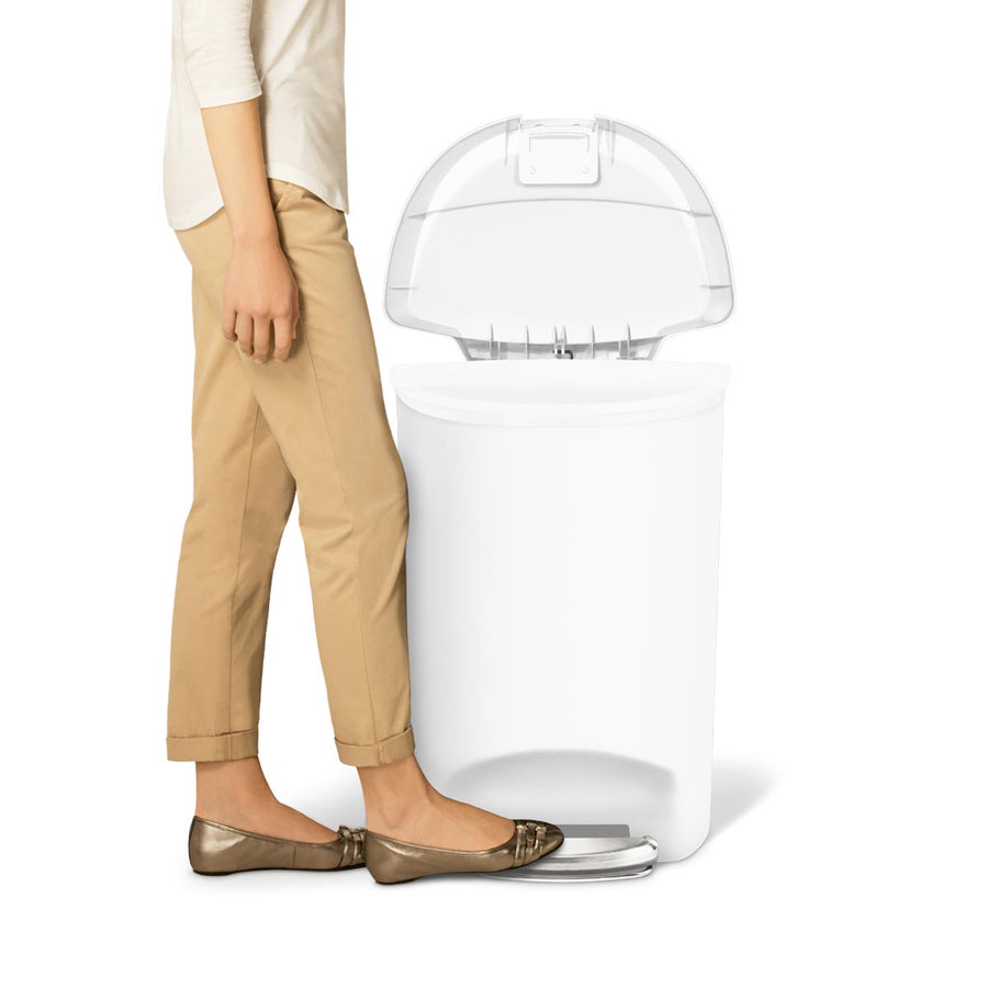50L semi-round plastic pedal bin - white - foot on pedal image