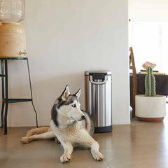 large pet food bin - lifestyle dog sitting by can