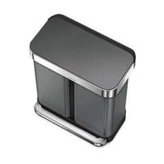 58L dual compartment rectangular pedal bin with liner pocket - black stainless steel - 3/4 top down image