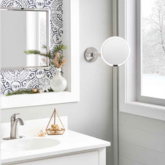 hard-wired wall mount sensor mirror - brushed finish - lifestyle in bathroom image